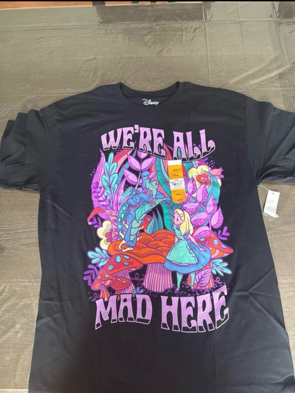 Disney Black Tee with Neon Alice in Wonderland Graphic